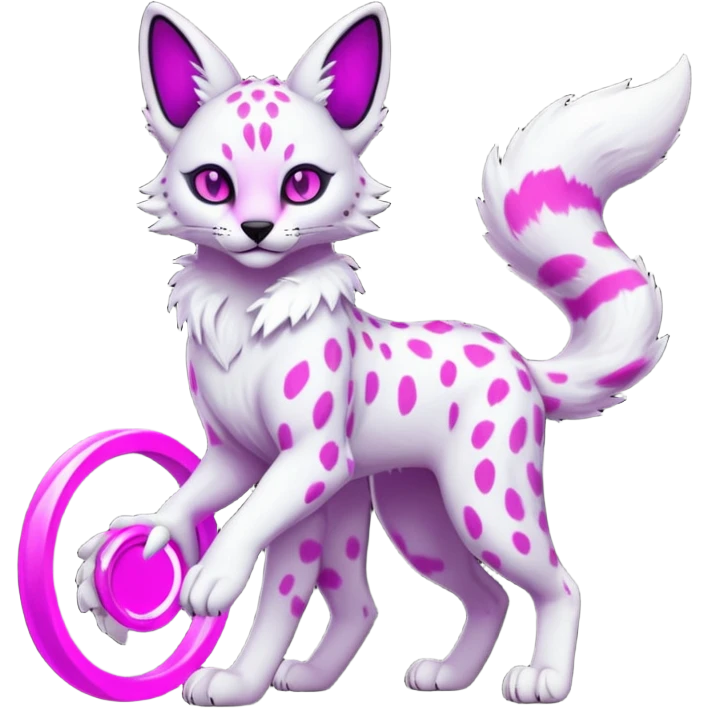 Realistic pristine white fur body with neon-glowing-magenta ring-markings Grem2-Gremz-serval-panther-Sergal-fusion, full body  emoji