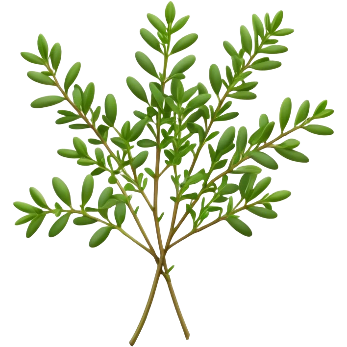 Cinematic Realistic Thyme Emoji, Compact and earthy, with tiny green leaves densely packed on delicate stems. The soft fragrance of the leaves fills the air, creating an atmosphere of warmth and subtle richness. Soft glowing outline, capturing the essence of simplicity and natural healing in a sprig of thyme! emoji