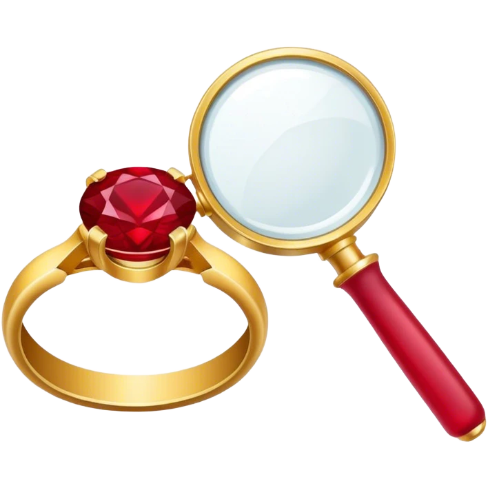 Jewelry art icon, a ring with a ruby, magnifying glass, and pliers, minimalistic style, clean lines, transparent background. emoji
