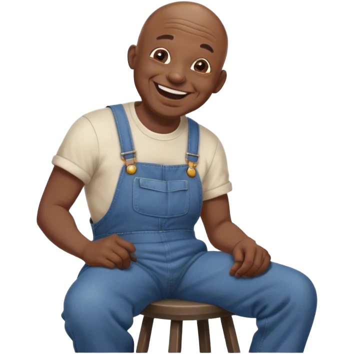 Side view Laughing Old bald black man sitting on stool wearing overalls emoji