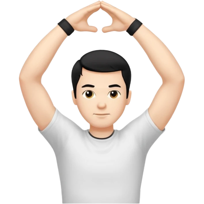 Hombre blanco pelinegro haciendo ejercicio de estiramiento de brazos emoji
