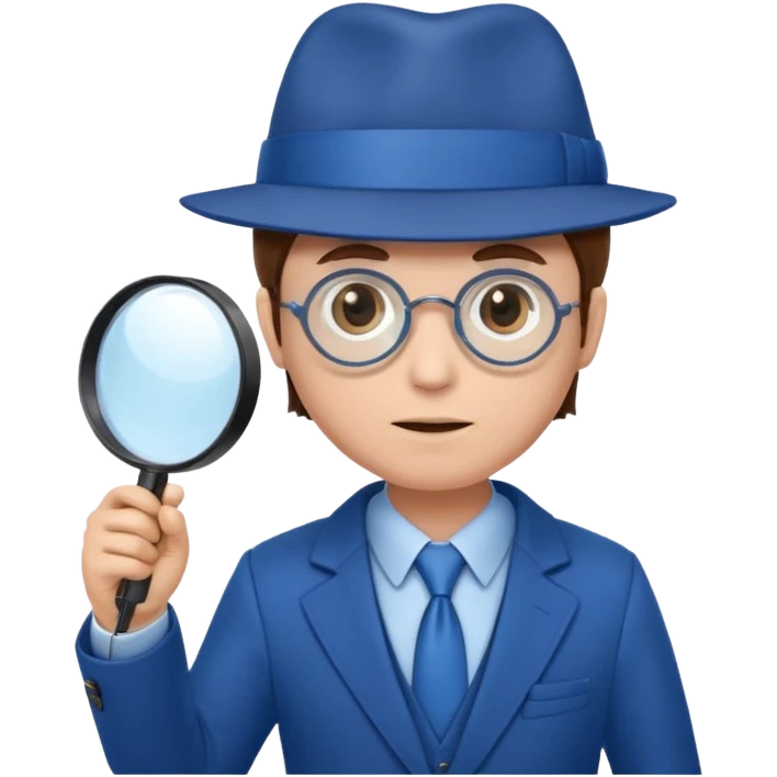 detective in blue suit and blue hat brown hair white skin with big mangifier in his hand looking trough the magifier emoji