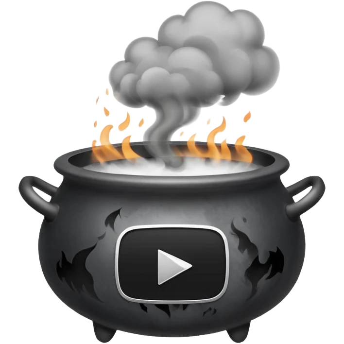A black cauldron with lot of smoke rising, and the white YouTube play button logo floating above the smoke emoji