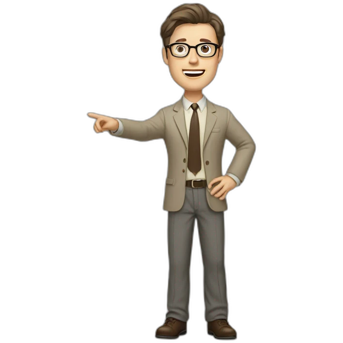Full height Actively Gesturing Pale skinned fit man with dark brown hair in gray jacket, beige office shirt, brown tie, brown pants and vintage glasses. emoji