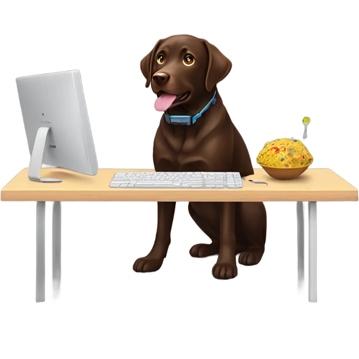 Chocolate lab working on computer with small headset , food on desk emoji
