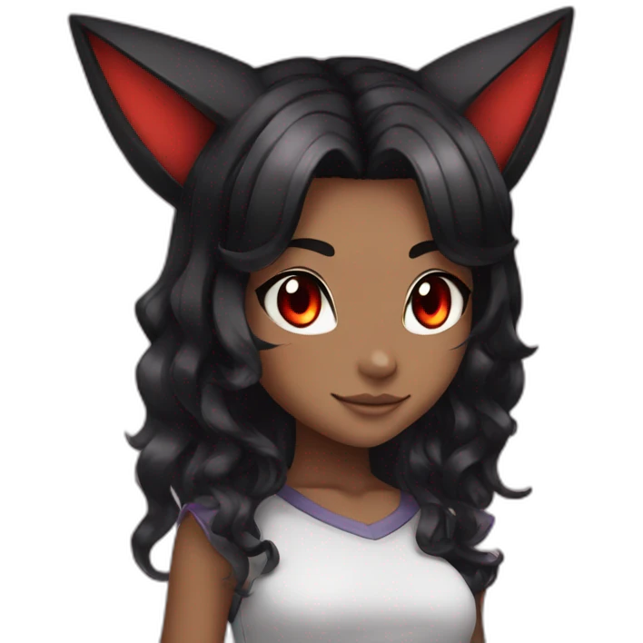 pokemon girl, cat ears, black hair, wavy hair, red eyes, black sclera emoji