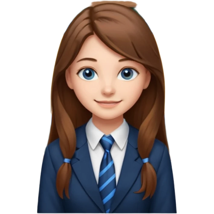 high school class room with a pretty female high school student with long brown hair, blue eyes, wearing a tie, sitting in front of the blackboard emoji