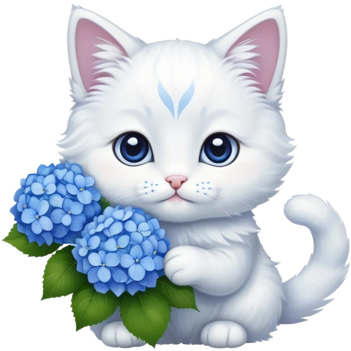 Cute white cat with bouquet of hydrangeas  emoji