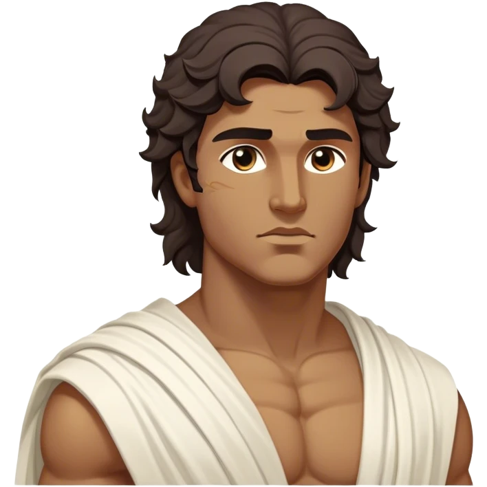 Cinematic Realistic Hercules Portrait, depicted as a classical Greek statue with a robust, muscular build and perfectly chiseled features. His bronze, sun-kissed skin has a timeless, marble-like quality, and his thick, wavy dark hair frames a face exuding determination and quiet nobility. Draped in a flowing white robe with subtle golden accents, the portrait is rendered under dynamic natural lighting that highlights every sculpted detail and evokes the majesty of ancient myth. emoji