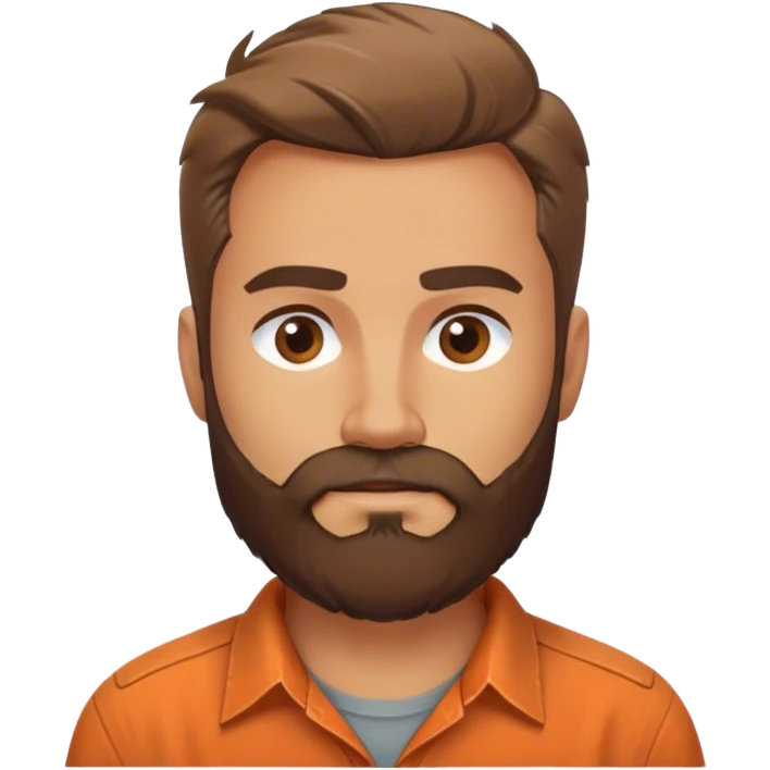 Create a rugged but friendly man (30-50 years old) with a well-groomed beard, strong build, and kind eyes. He wears a weathered orange Columbia-style shirt, exuding confidence and warmth. emoji