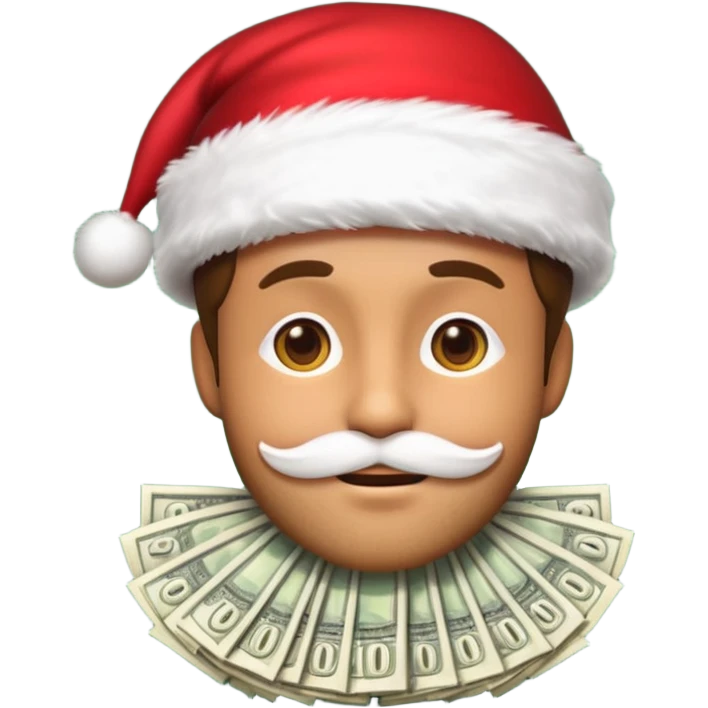 A confident rich emoji face wearing a Santa hat, money stacks, casino vibe, New Year theme, premium 3D emoji style, sharp details, no text, isolated on transparent background emoji
