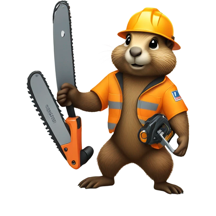Woodchuck in climbing gear and hard hat holding a chainsaw  emoji