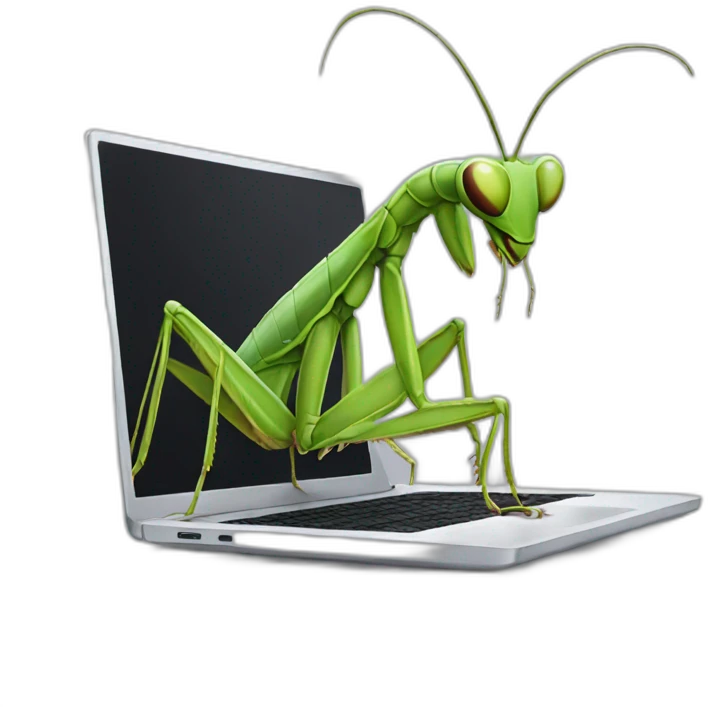 praying mantis using laptop emoji