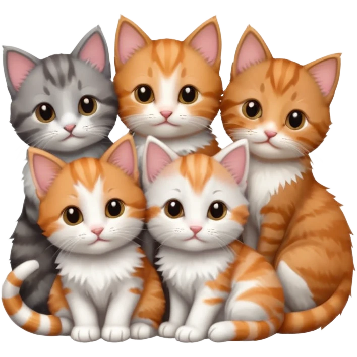 6 tiny kittens cuddling together all different colours, the first one is grey and white, the second is ginger and white and the third is brown tabby and white emoji