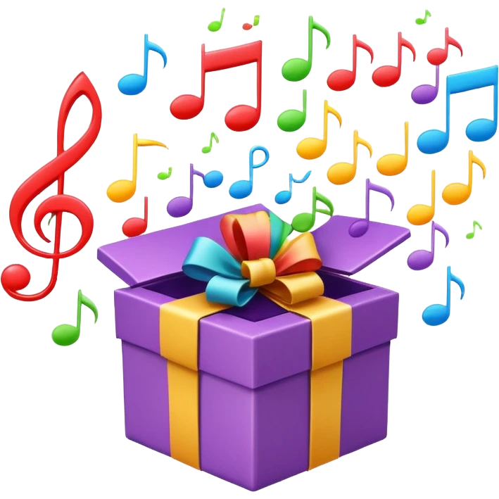 A wrapped gift box opening with colorful music notes flying out from the box emoji