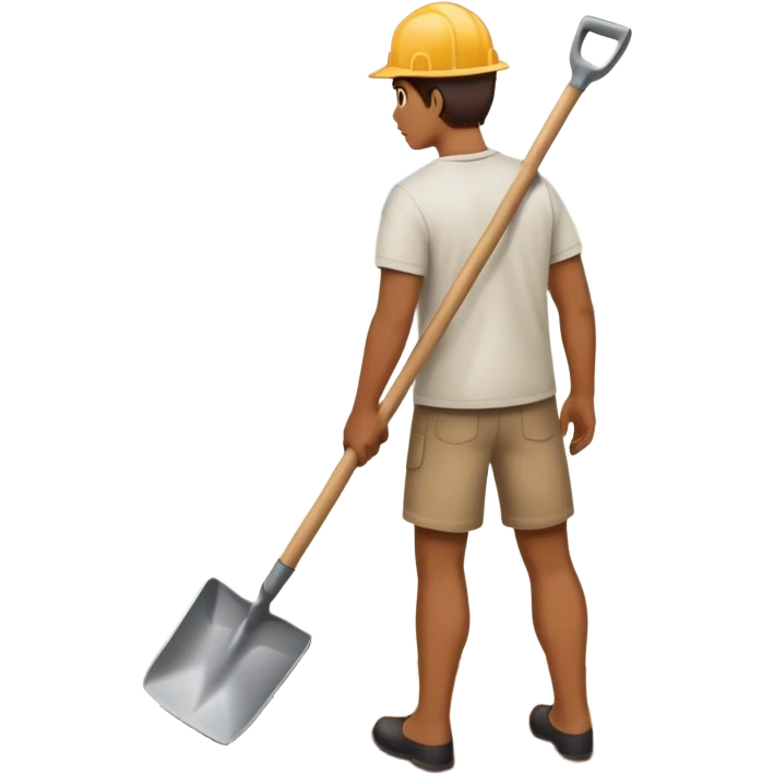 camera facing his back while he’s holding a shovel pointed towards his thigh in air, while staring out to a road  emoji