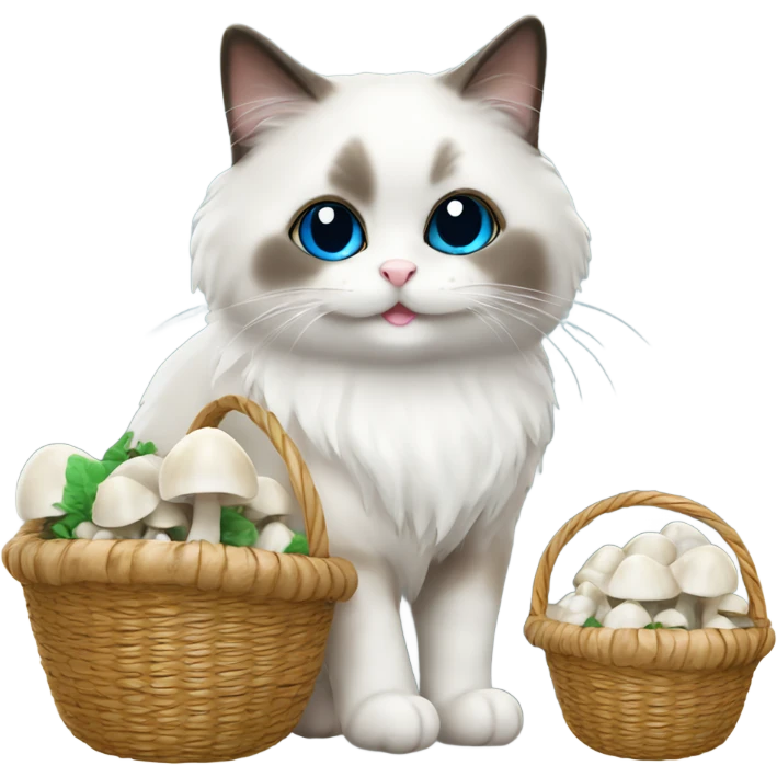 Ragdoll cat carrying a basket of white mushrooms  emoji