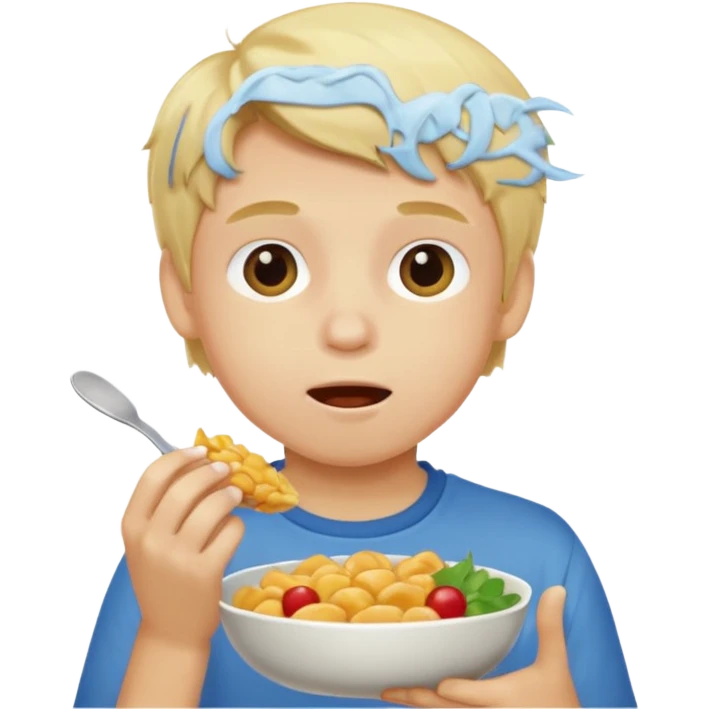 Ребенок мальчик блондин кушает еду emoji