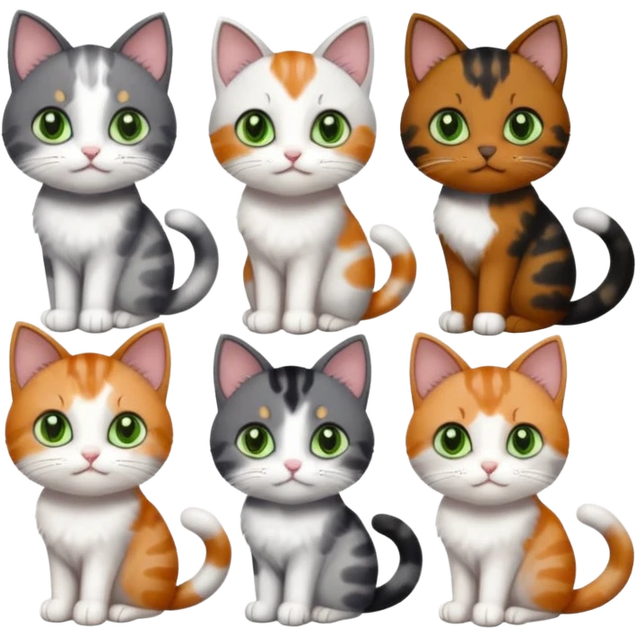 6 different coloured small cats including a dark grey and white, and a patchy calico, and a brown tabby and white,  and a completely solid dark grey with green eyes and only white paws emoji
