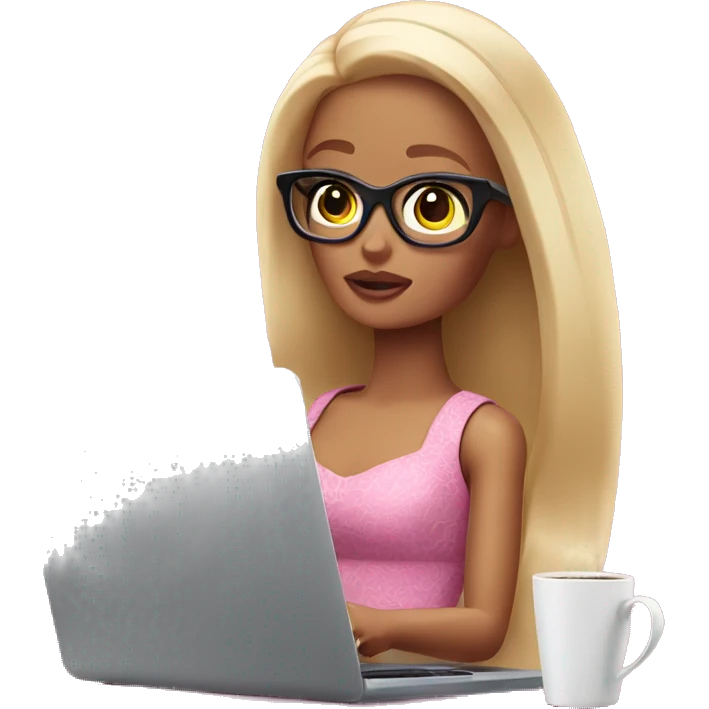 tired barbie with laptop drinking a lot of coffee emoji