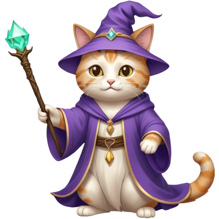 A cat wizard casting a spell with magical staff and flowing robes emoji