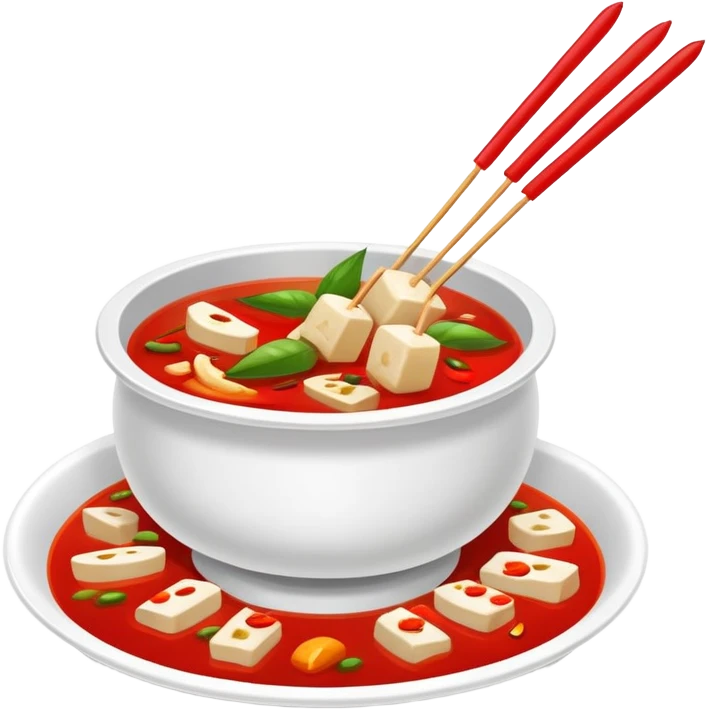 Spicy Hot Pot Skewers Malatang with various ingredients in red broth, simplified emoji style with bold outlines and bright colors, cartoon style Chinese street food bowl emoji