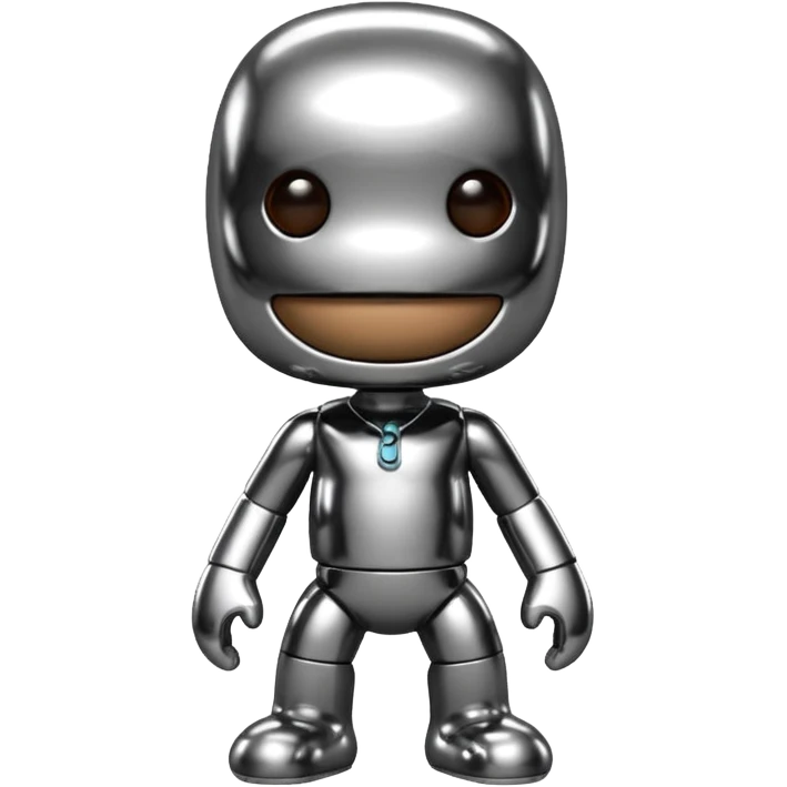 Turn this Sackboy character in the photo into 3D chrome metallic style, highly reflective and shiny, with realistic details emoji