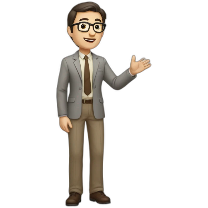 Full height Actively gesturing with hands Pale skinned fit man with dark brown hair in gray jacket, beige office shirt, brown tie, brown pants and vintage glasses. emoji