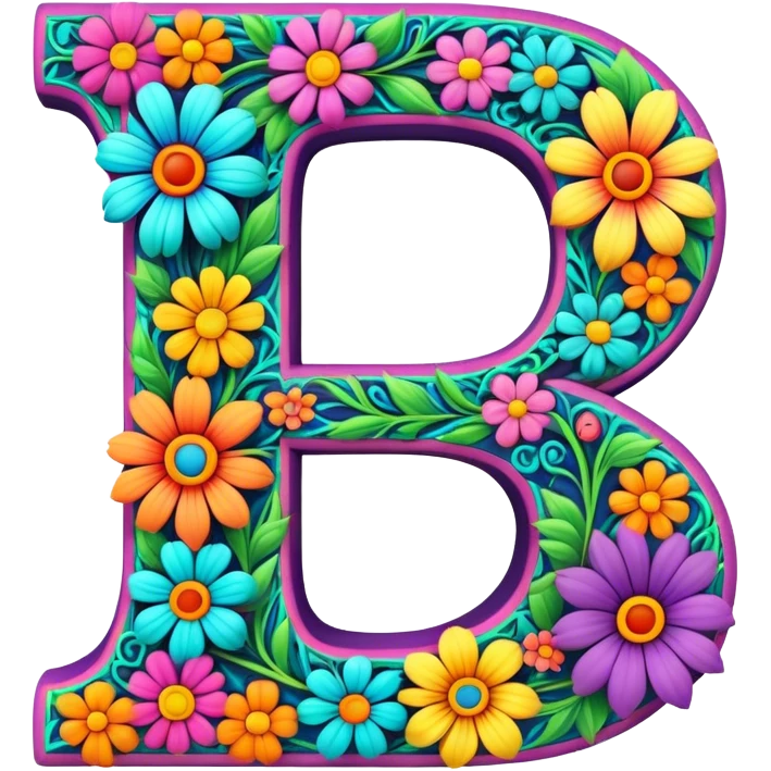 3D, gothic style psychedelic colored Letter P with hippie style flower border emoji