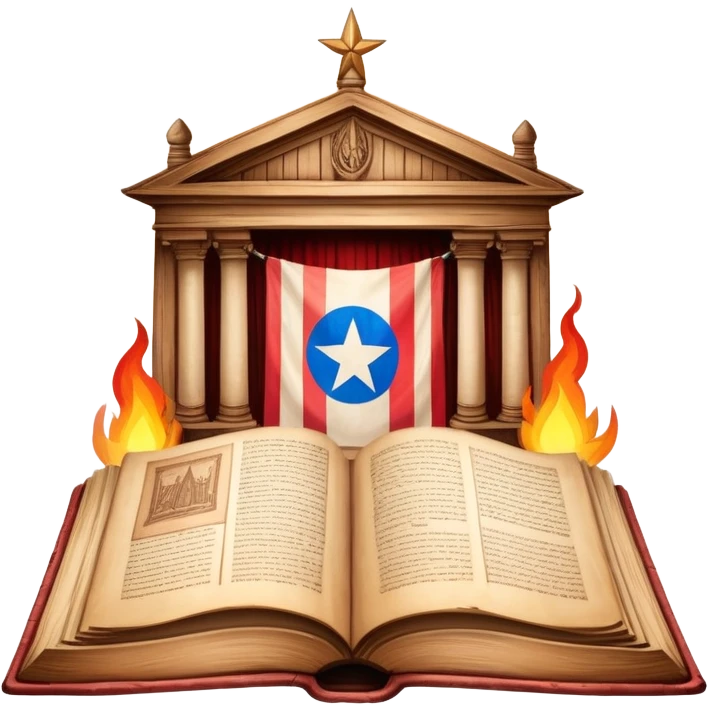 Ancient book open to display hand-drawn theatrical set design sketches on parchment pages, with Puerto Rican flag colors subtly incorporated, wooden theater elements, warm glowing aura emoji