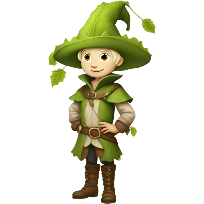 whimsical fairytale medieval pale boy who is tiny and wearing a giant leaf hat and big boots emoji