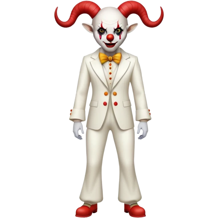 full-body demonic clown in a white leisure suit with bellbottom pants, bald, with black ram horns emoji