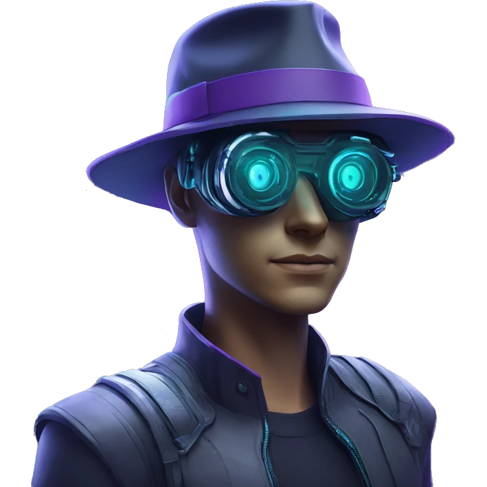 Secret human agent in a hat with  cyberpunk elements in VR googles scanning looking reviewing multicolor lines of code, cyan and purple colors, only upper body portrait emoji
