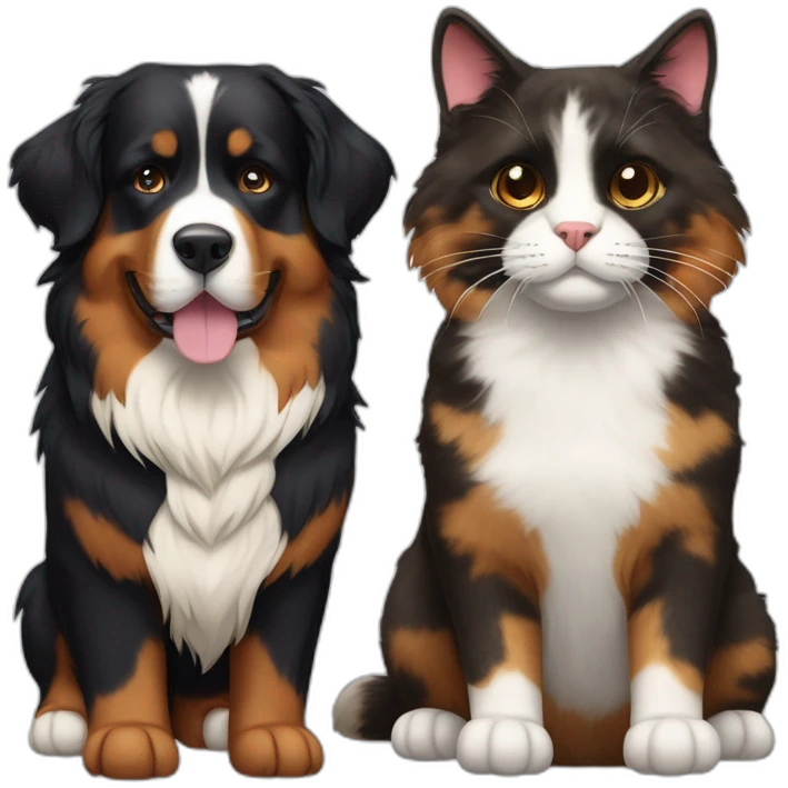 A Bernese dog next to A tortoiseshell cat with no white fur emoji