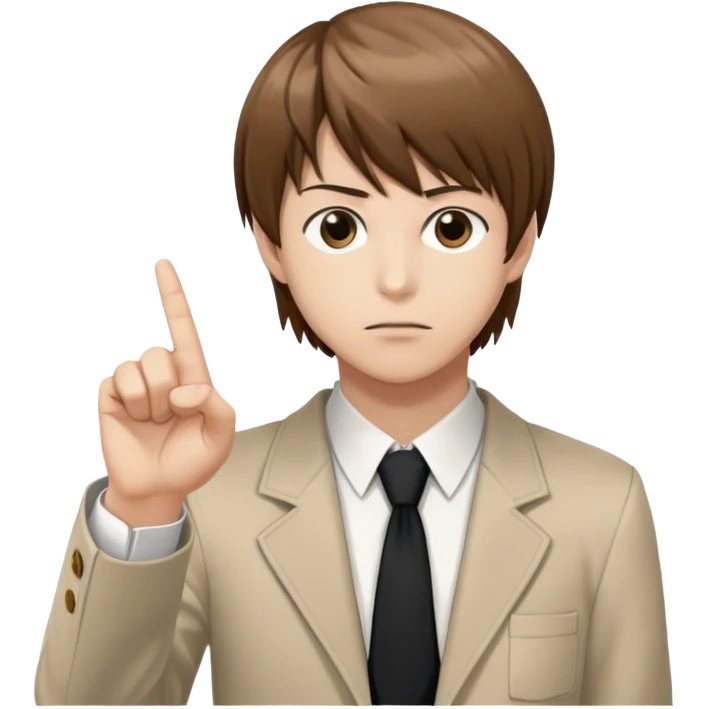 Light Yagami from Death Note, brown hair, school uniform, holding up a finger as if making a point emoji