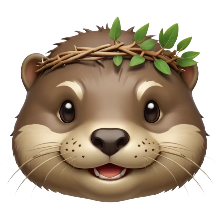 anthropomorphic smiling otter face in three-quarter profile view with simple thorny stem wrapped horizontally around its forehead like Jesus Christ's Crown of thorns, more human-like features, expressive eyes, human-like expressions, Apple emoji style, glossy finish emoji