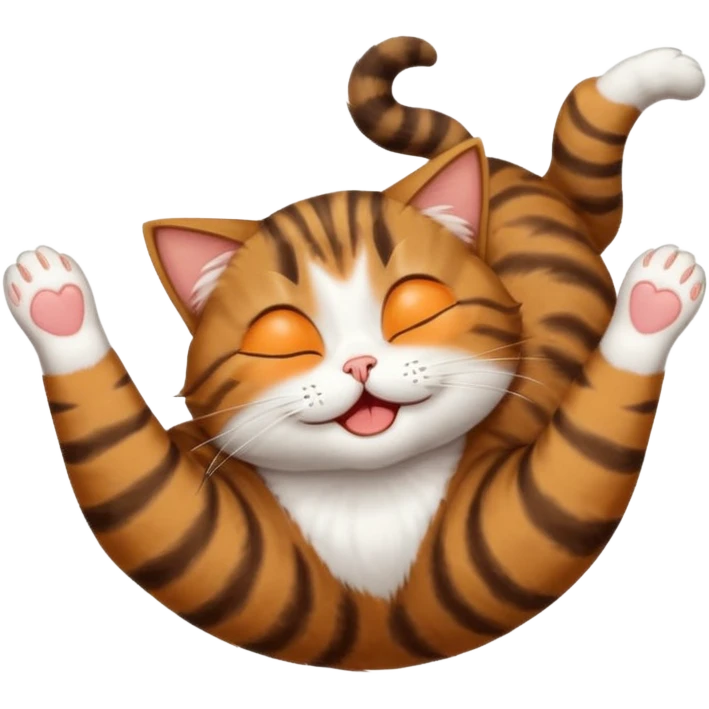 dark brown tabby and white cat in funny positions upside down with eyes closed emoji