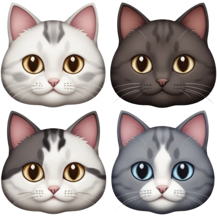4 different coloured short haired cats including; a dark brown and white cat, and a dark grey and white  emoji
