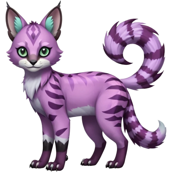 Cute kawaii cool edgy badass Colorful pale minty lilac onyx fruity glorious exotic neon vibrant zigzagged fantasy-caracal-civet-genet-sergal-vernid-Gryphon-Cacomistle-Trico-oncilla-animal-Fakémon-hybrid-fursona (full body), facial markings, (realism style) emoji