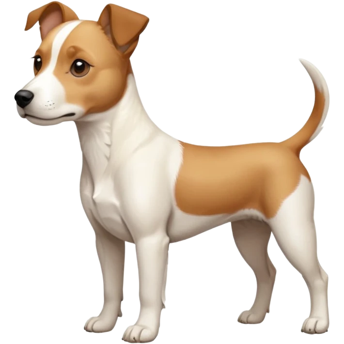 a full body facing front on of a buff white beagle cross jack russell terrier looking dog the size of a kelpie with light brown long ears resting on its face and a light brown patch above one eye and a large snout. the rest of the dog is completely white.  emoji