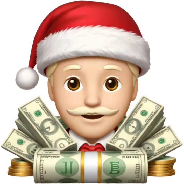 A confident rich emoji face wearing a Santa hat, money stacks, casino vibe, New Year theme, premium 3D emoji style, sharp details, no text, isolated on transparent background emoji