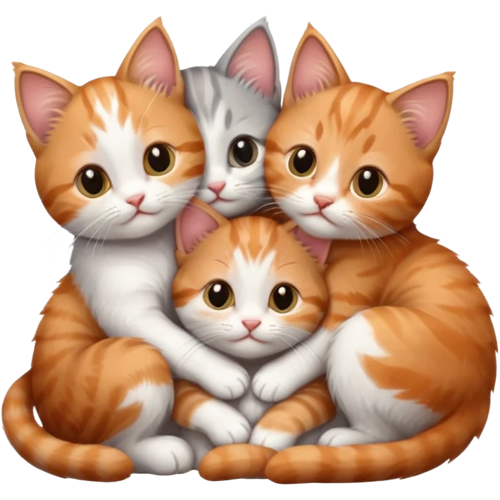 3 tiny kittens cuddling together all different colours, the first one is grey and white, the second is ginger and white and the third is brown tabby and white emoji