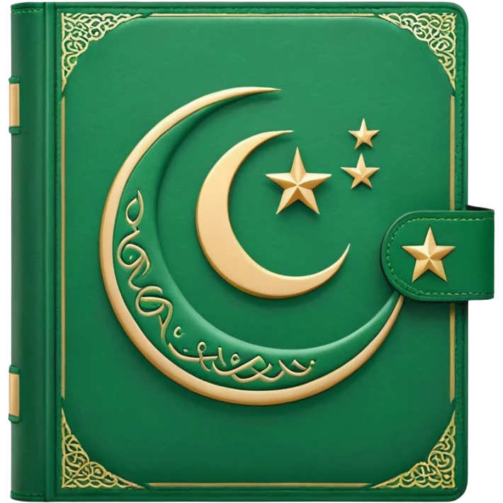 Closed Quran with the Islamic Symbol on it (moon and star) green from left to right emoji