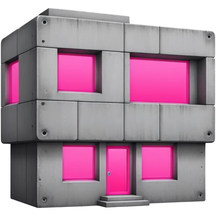 Brutalist gray concrete block building with one neon pink window emoji