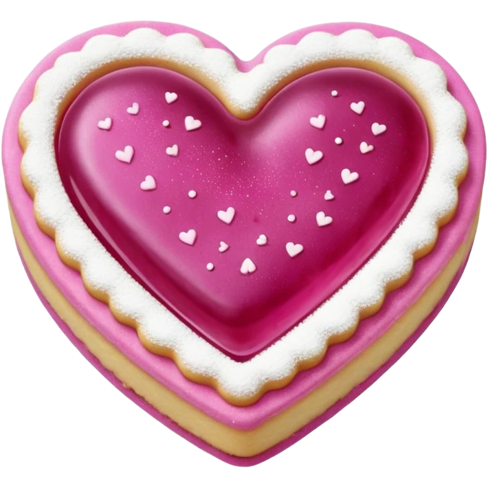 Realistic shortbread cookie in the shape of a heart with light margenta jelly middle filling and sprinkled powder sugar on top. emoji
