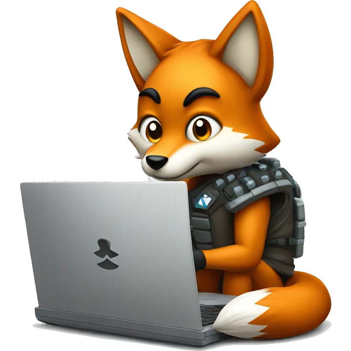 Game team mascot fox struggling to code on laptop emoji