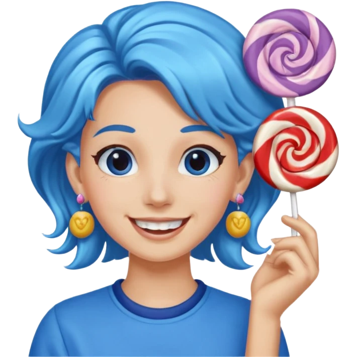 candy shop vendor, looking like candy with candy earrings and candy hair with big smile and blue emoji