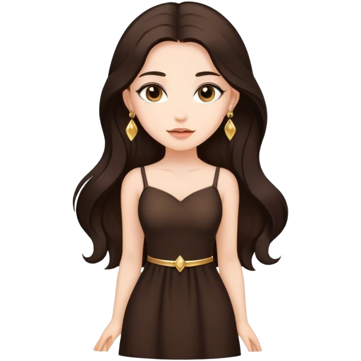 Beautiful woman,cute, long dark brown hair in dark dress with gold earrings emoji