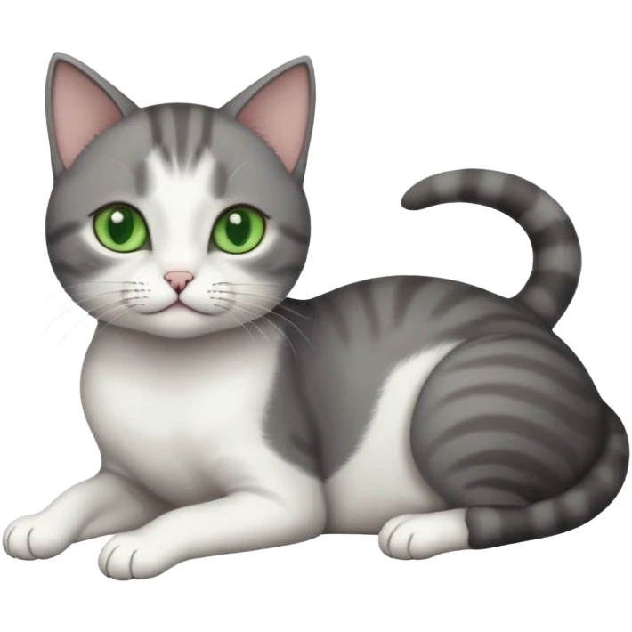 full body tiny short hair dark grey and white cat with white front legs and green  eyes lying down emoji