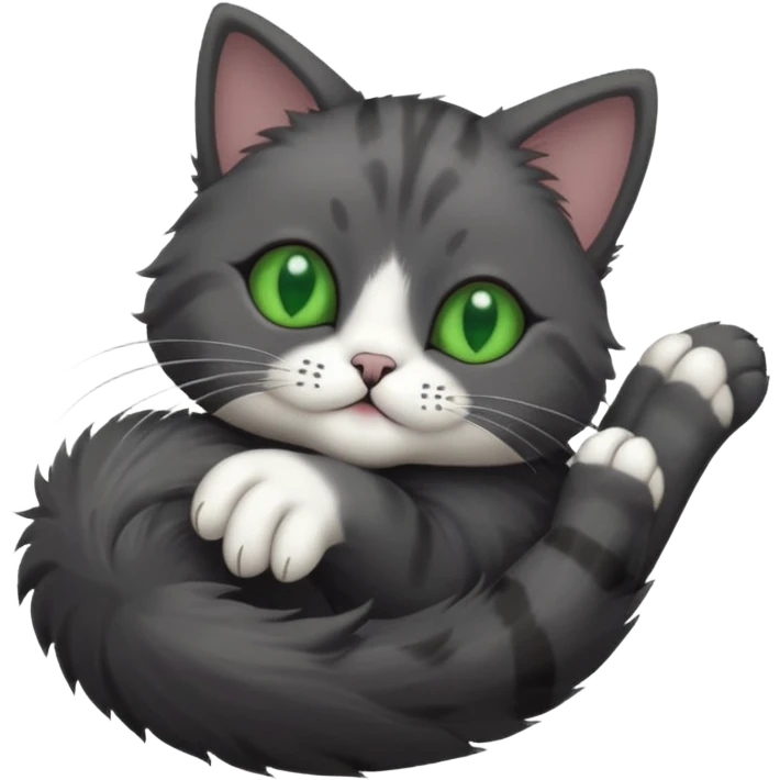 solid dark grey cat with green eyes, completely solid grey face, white toes/paws playing rolling upside down emoji